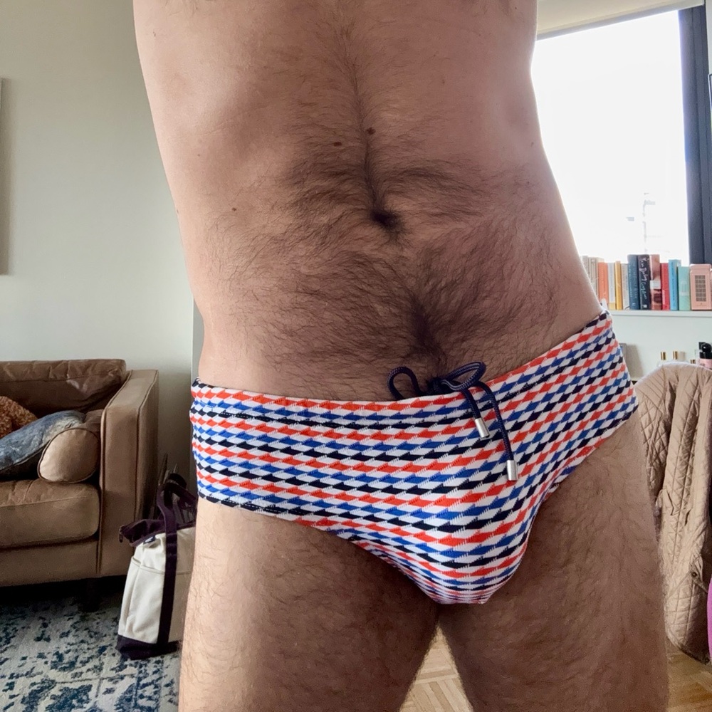 MR TURK Orange, White, and Blue Houndstooth Swim Briefs